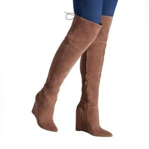 NWOT Shoedazzle Brown laced thigh high, high heeled boots, adjustable width leg